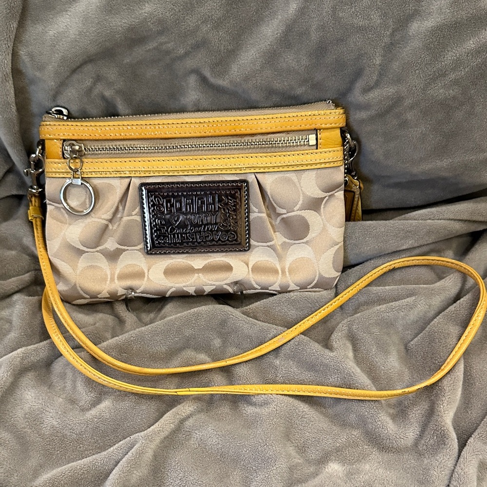 Coach Poppy Beige and Yellow Signature Print Mini Crossbody Bag